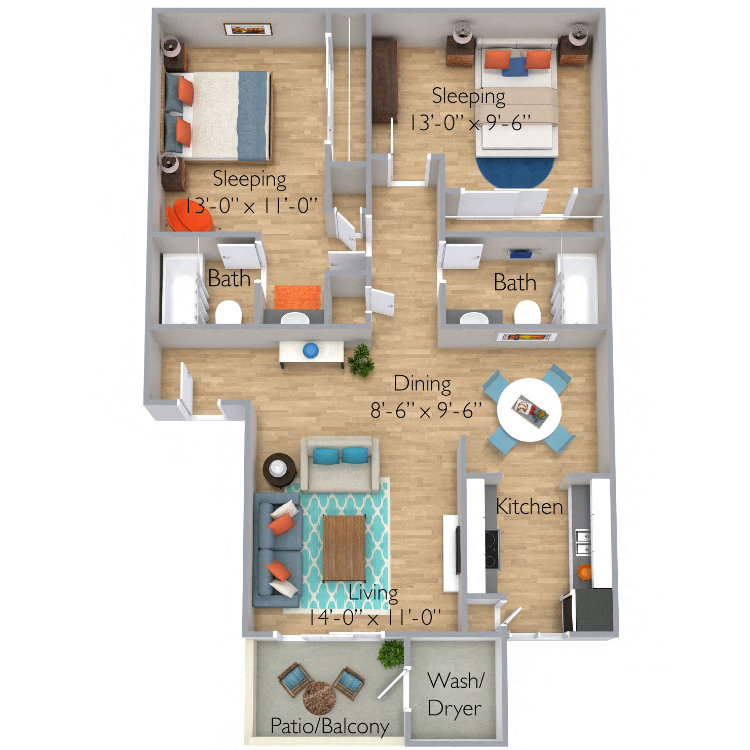 Floor plan for 2 beds, 2 baths, 950 sqft